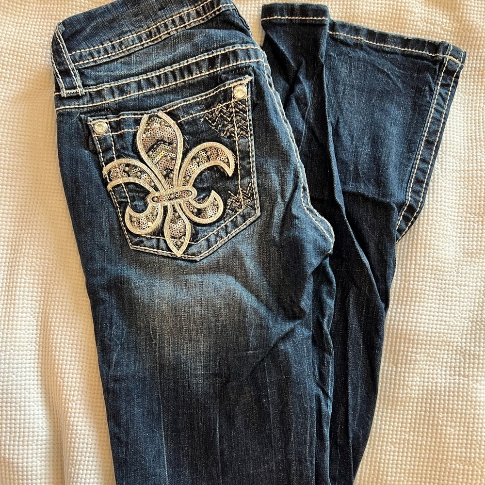 Miss Me Dark Blue Bootcut Jeans with Embellished Fleur-de-Lis Pocket